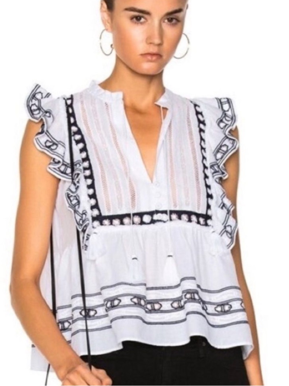 SEA New York Women’s Ruffled Crochet trimmed cotton voile boho blouse - Size 4